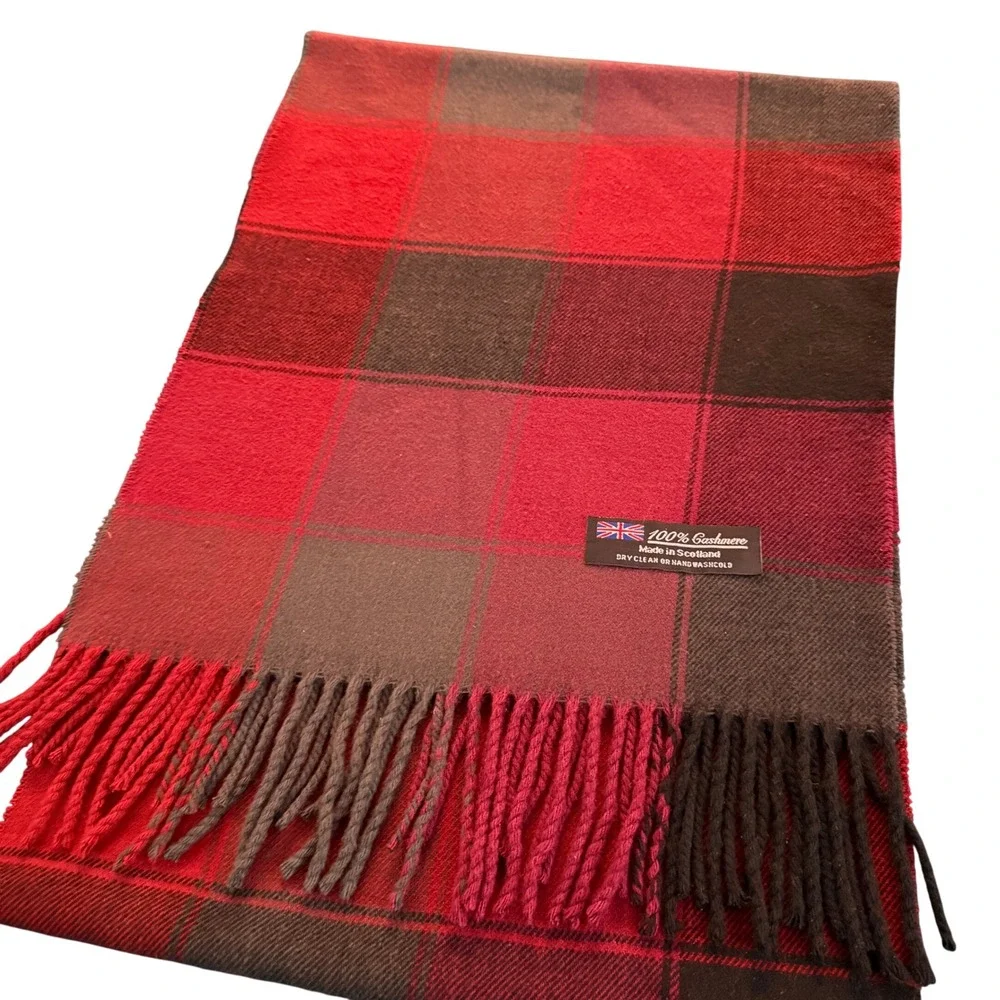 100% Cashmere‎ Plaid Scarf Made in Scotland Red Grey Maroon Luxury Warm Fringe